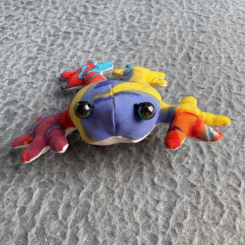 Vintage Stuffed Frog Brooch Multi-Color Abstract Print Iridescent Bead Eyes